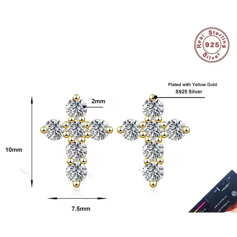 Diamond 14K Gold Plated Sterling Silver‎ Cross Stud Earrings Dainty 10mm